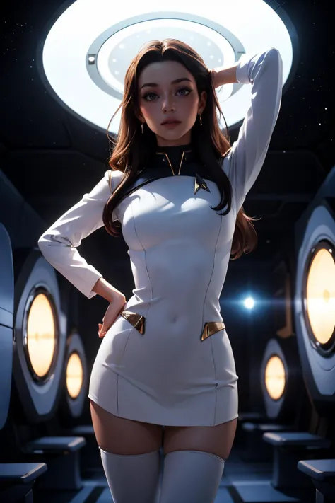 a woman in a white suit standing in a room with lights on the ceiling and a circular light behind her, Star Trek setting, retrofuturism
masterpiece, best quality, <lora:backlight_slider_v10:-1.5>, <lora:contrast_slider_v10:2>
