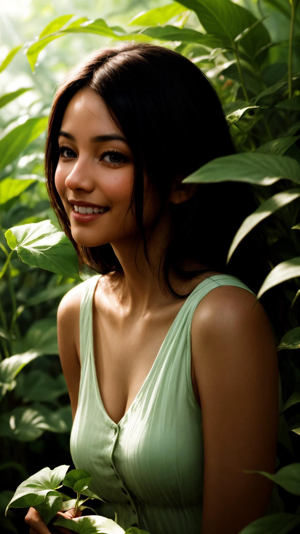 an photography of a woman in a botanical garden, exotic plants, (hispanic:0.9) (asian:0.6), closed mouth, light smile,
<lora:add_detail:0.3> realistic, lifelike <lora:contrast_slider_v10:2.5>, inticate detail <lora:eye_opening_v2.0:0.5>, <lora:backlight_slider_v10:-1>, <lora:skin_slider_v2_1_FACE:0.5> <lora:filmgrain_slider_v1:1.5> film grain,
