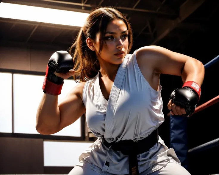 an image of a woman skilled in martial arts, showcasing her discipline and expertise in a dynamic fight scene, intense expressions, 
<lora:add_detail:0.2> realistic, lifelike <lora:contrast_slider_v10:2.5>, inticate detail <lora:eye_opening_v2.0:0>,  <lora:backlight_slider_v10:-0.3>,  <lora:filmgrain_slider_v1:1.5> film grain <lora:Sciamano240 [MockAi - v1.0]:1> sciamano240, soft shading, detailed, semi-realistic <lora:weight_slider_v2:1> <lora:muscle_slider_v1:1>