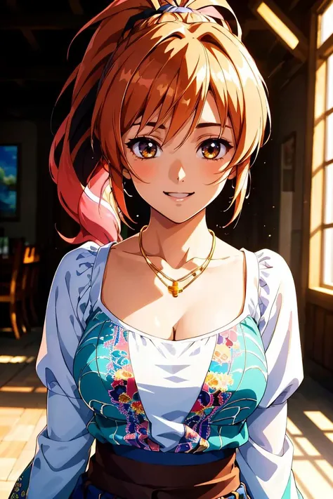 (Masterpiece, Best Quality, High Quality),Nishikino maki, Red hair, purple eyes, volumetric lighting, illustration, beautiful, upper body, (camisole:1.1), floral print, big breasts, looking to the side, confident, seductive smile, (arms behind back, head tilt:1.1), heart pendant, perfect lighting, perfect shadows, flower, (breathtaking scenery:1.1), tree, blushing