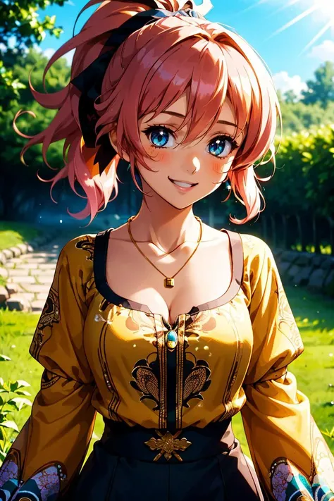 (masterpiece, best quality), 1girl, collarbone, wavy hair, looking at viewer, blurry foreground, upper body, necklace, contemporary, plain pants, ((intricate, print, pattern)), ponytail, two-tone hair, dappled sunlight, smile,
masterpiece, best quality, intricate detail, high environment detail, high contrast, <lora:contrast_slider_v10:3> <lora:backlight_slider_v10:-1> anime screencap,