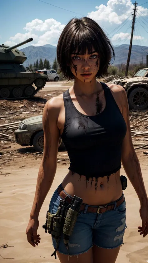 masterpiece, best quality, 1girl, short hair, bangs, tomboy, narrowed eyes, thick eyebrows, post-apocalypse, tank top, dirty, tall female, thick arms, dirty, shiny skin, holding assault rifle, shoulder holster, 
 <lora:add_detail:0.4>, realistic, 4k, photorealistic,  <lora:skin_slider_v1:0.15>,  <lora:contrast_slider_v10:1.5> <lora:backlight_slider_v10:-1>