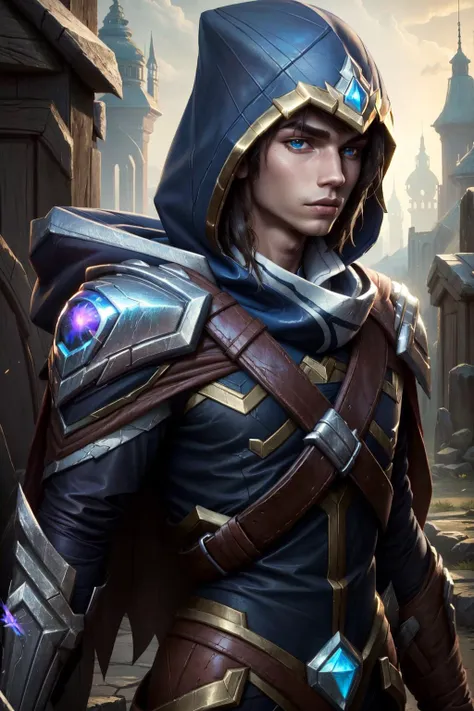 (Masterpiece:1.4), (best quality:1.2), <lora:talon-000017:1>, talon \(league of legends\), 1boy, male focus, armor, hood, gloves, cape, upper body