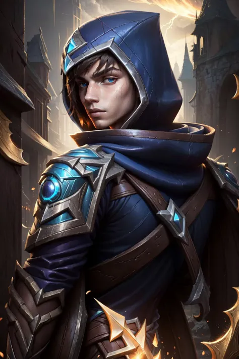 (Masterpiece:1.4), (best quality:1.2), <lora:talon-000017:1>, talon \(league of legends\), 1boy, male focus, armor, hood, gloves, cape, upper body