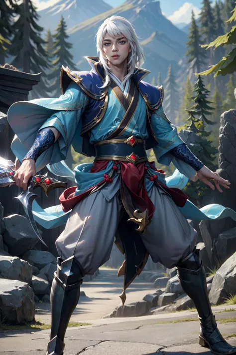 (Masterpiece:1.4), (best quality:1.2), <lora:talon-000017:1>, enduring sword talon, 1boy, male focus, white hair, long hair, japanese clothes, hair ornament