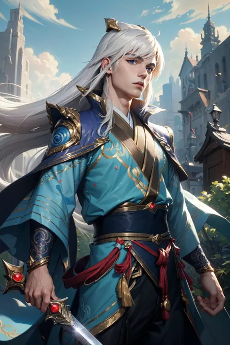 (Masterpiece:1.4), (best quality:1.2), <lora:talon-000017:1>, enduring sword talon, 1boy, male focus, white hair, long hair, japanese clothes, hair ornament