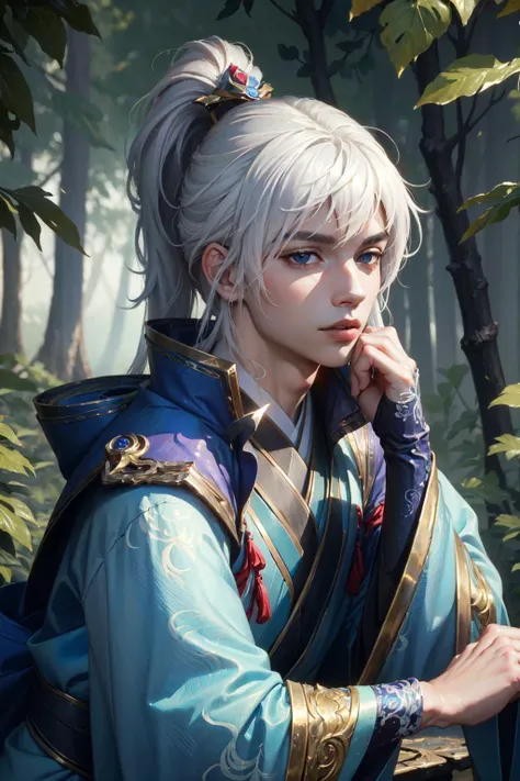 (Masterpiece:1.4), (best quality:1.2), <lora:talon-000017:1>, enduring sword talon, 1boy, male focus, white hair, long hair, japanese clothes, hair ornament