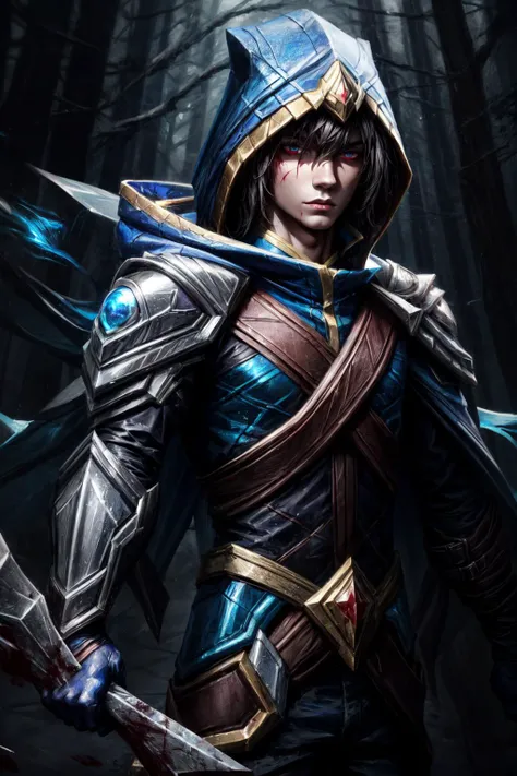(Masterpiece:1.4), (best quality:1.2), <lora:talon-000017:1>, talon \(league of legends\), 1boy, male focus, armor, hood, gloves, cape, blood, blood on clothes, <lora:add_detail:1>