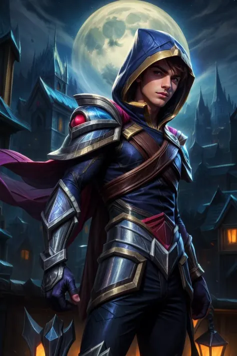 (Masterpiece:1.4), (best quality:1.2), <lora:talon:0.9>, talon \(league of legends\), 1boy, male focus, armor, hood, gloves, cape, on rooftoop, moonlight <lora:more_details:1>