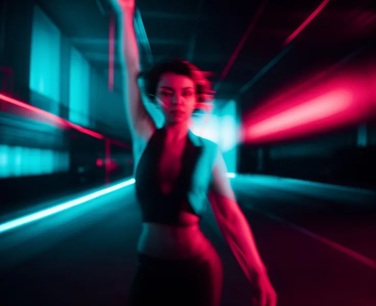 (motion blur, blurry, low shatterspeed:1.2), defocus, anamorphic lenses, flares, highlights, elegant posing photo of a woman standing in a dark room with blue lights, cyberpunk art by Elsa Bleda, neoism, dark dance photography aesthetic, cinematic light lighting, darkness aura red light, <lora:Prismatia_yiu_v10:0.7>