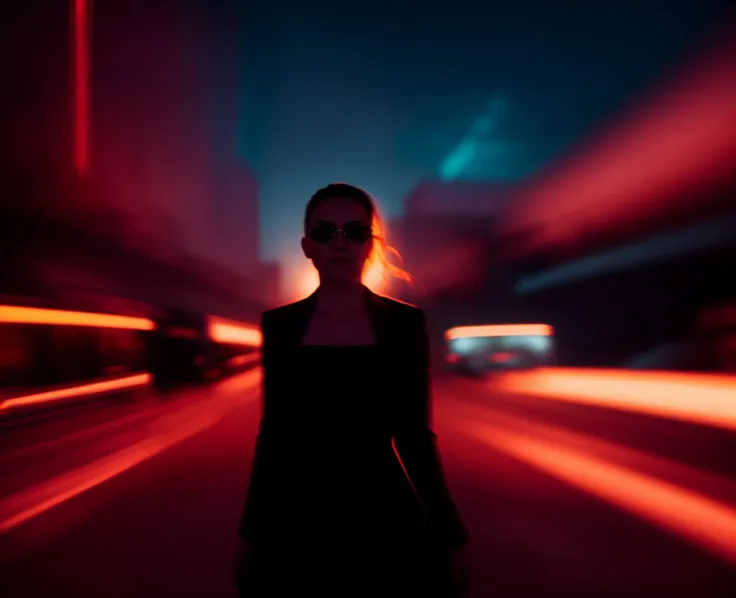 (motion blur, blurry, low shatterspeed:1.2), defocus, anamorphic lenses, flares, highlights, elegant posing photo of a woman standing in a city, sunset with blue lights, (day:1.2), neoism, dark dance photography aesthetic, cinematic light lighting, darkness aura red light, <lora:Prismatia_yiu_v10:0.7>