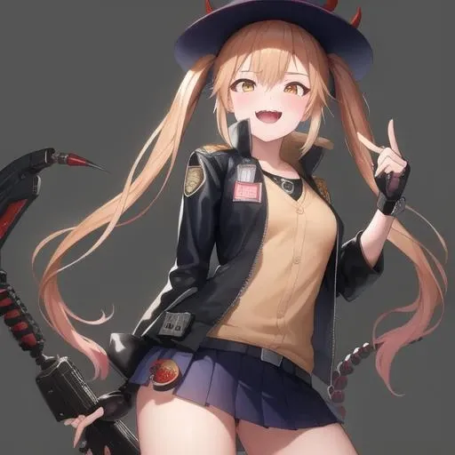 (masterpiece, best quality:1.2),illustration,absurdres,8k,hd,1girl,solo,cowboy shot,m870 (girls frontline),bomber jacket,boots,brown hair,hat,cuffs,demon horns,fangs,fingerless gloves,handcuffs,helmet,long hair,mechanical tail,miniskirt,orange eyes,sheriff badge,skirt,twintails,<lora:M870(gf)>,