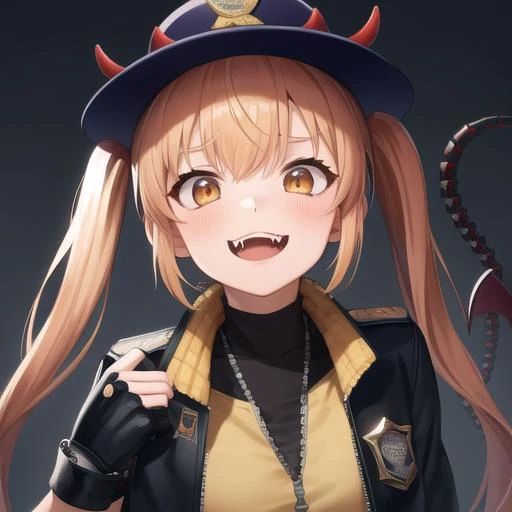 (masterpiece, best quality:1.2),illustration,absurdres,8k,hd,1girl,solo,cowboy shot,upper body,(portrait:1.2),bomber jacket,boots,brown hair,hat,cuffs,demon horns,fangs,fingerless gloves,handcuffs,helmet,long hair,mechanical tail,miniskirt,orange eyes,sheriff badge,skirt,twintails,<lora:M870(gf)>,