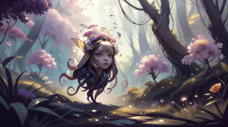(masterpiece, best quality, fullscreen), [(full body:0.9)::0.3] (photo of a small vegetal [magical being:flower creature:0.6] Pendulous in a lush forest:1.4), <lora:EYES snake-eyes:0.7> snake eyes, (Rigid bark skin:1.4), (many Carmine Corolla flowers on the head:1.2), (Ancient Hominid body with Cephalopod head and with one Tentacle:1.3), (Blue Hour lighting:1), <lora:EFFECT RootsBranchesAIv5:0.4> rootsbranchesai, <lora:EFFECT Butterfly-elves:0.2> Butterfly-elves, <lora:EFFECT Gloomifier_V2_TheGlow:-0.4>, <lora:MONSTER CuteCreatures:0.5> Cu73Cre4ture, , (look at the viewer:0.9), ,<lora:LIGHT neon ç»ªå¿-åªå½± curvy:0.6> curvy, silhouette, <lora:EFFECT Unleashed_V1.5_prunned:0.3[0.4>, <lora:QUALITY Space - [Background] - Version 1:0.4>, <lora:QUALITY kkw-better-v1.0a:0.6>, <lora:QUALITY add_detail:0.3>, (Full body Shot, Shallow Focus Shot, Low Angle Shot:[1.2:0.5:0.1]), heavily detailed, gloomy, whimsical, (asymmetric composition:1.5), (sharp focus), , (no humans), ntricate, elegant, highly detailed, digital painting, artstation, concept art, matte, sharp focus, illustration, art by Artgerm and Greg Rutkowski and Alphonse Mucha, Oil Painting,8k
