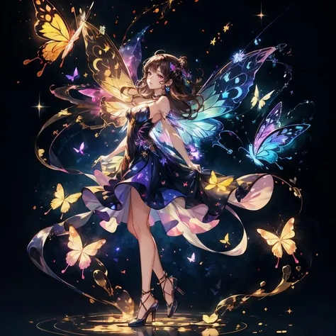 masterpiece,best quality,Butterfly-elves,(full body:1.2),(from side :1.3),1girl,angel,angel wings,brown hair,butterfly,butterfly wings,cleavage,diffraction spikes,dress,fairy,fairy wings,glint,glowing,glowing wings,jewelry,large wings,long hair,solo,sparkle,sparkle background,sparks,spread wings,standing,(transparent wings:1.2),wings,<lora:Butterfly-elves>,<lora:add_detail:0.7>,galactic system,cosmic space,pink nebula,