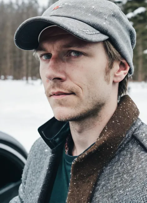 analog style, modelshoot style, RAW photo of a sks person, sitting in outdoor car ,winter ,snowy , ((wearing cap)), (detailed face), grunge, ((visual kai)),  ((full body)), (high detailed skin:1.2), 8k uhd, dslr, soft lighting, high quality, film grain, Fujifilm XT3, <lora:locon_mattmercer_v1_from_v1_64_32:1.25>