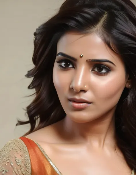 headshot photo of samantha ruth prabhu woman, studio quality, subsurface scattering, high neck gown, canon 5D, realistic skin texture, flowing hair, warm bright colors, well lit image <lora:Samantha_Ruth_Prabhu_SDXL_LoRA:0.8>