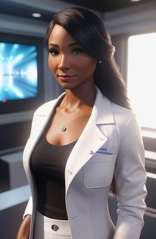 (Cinematic Professional 3D rendering:1.3) of,(Hopeful:1.3) head and shoulders of (foshposh:1.1), facing the camera, a realistic digital painting portrait of a very sexy female with a (buttoned-up white medical doctor coat) over a (white shirt:1.3), (black leather pants), (straight black hair:1.1), (breasts focus:1.3), (black hair:1.3), clean face, looking at the camera, (a futuristic hospital room interior) in the background, intricate details, (light particle:1.1), (very detailed skin:1.2), (game concept:1.3), (depth of field:1.3), global illumination, art by hoang lap and fuji hoko and artgerm and greg rutkowski and viktoria gavrilenko, skirtlift,CGSociety,ArtStation