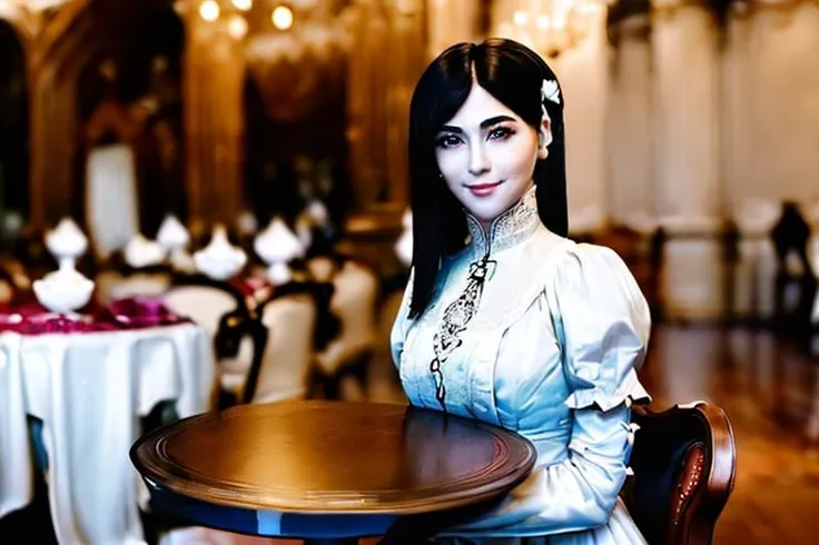 (masterpiece, best quality:1.4) (solo:1.5),(full body:1.5), ( Aruni:1.1), (small bust:1.4), (beautiful face, beautiful big eyes, perfect face, perfect facial proportions:1.3), (shy laugh:1.3), (perfect slim body), (in paris caffe), (indoor), (seated at a table:1.4), curosant on a plate on the table, a cup of hot coffee on the table, a beautiful Victorian table(victorian party white dress:1.3) (long victiorian white gloves:1.3), (medium haired), <lora:Aruni-10v6:1> EyeDetail