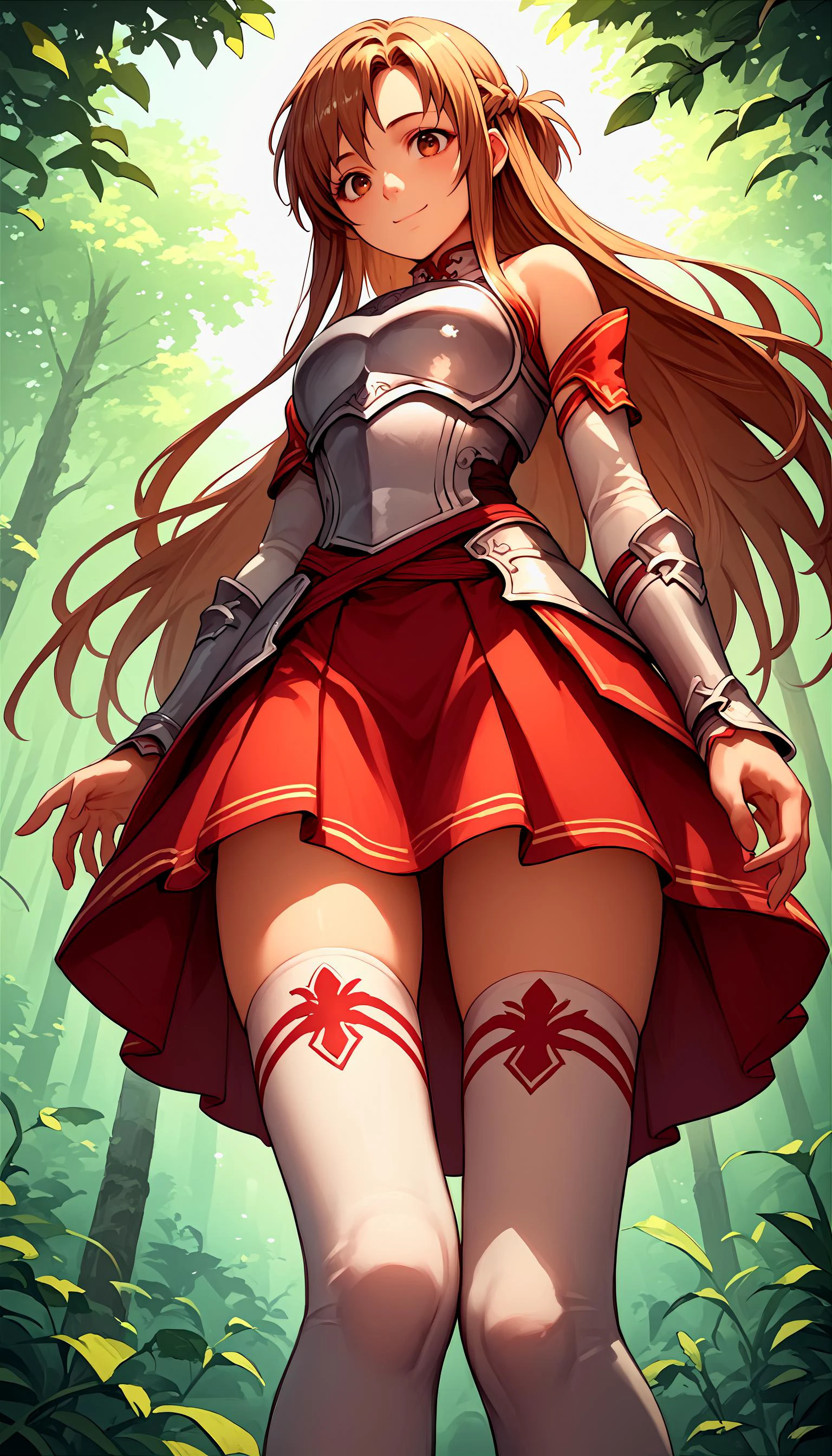 score_9, score_8_up, score_7_up, source_anime, 1girl,
in a sunlit forest, bright, smiling, from below<lora:asuna-yuuki-ponyxl-lora-nochekaiser:0.8> asuna yuuki, long hair, brown hair, brown eyes,, skirt, thighhighs, bare shoulders, detached sleeves, armor, white thighhighs, breastplate, red skirt,