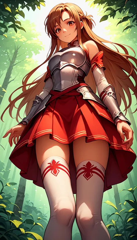 score_9, score_8_up, score_7_up, source_anime, 1girl,
in a sunlit forest, bright,  smiling, from below<lora:asuna-yuuki-ponyxl-lora-nochekaiser:0.8> asuna yuuki, long hair, brown hair, brown eyes,, skirt, thighhighs, bare shoulders, detached sleeves, armor, white thighhighs, breastplate, red skirt,