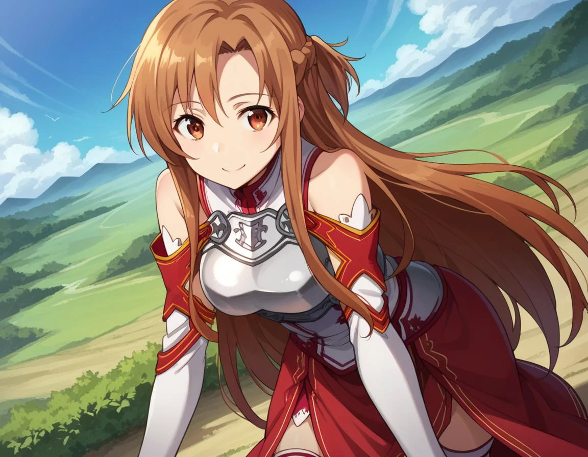 score_9, score_8_up, score_7_up, source_anime,
asunayuuki, <lora:asuna-yuuki-s1-ponyxl-lora-nochekaiser:1>,
asuna yuuki, long hair, brown hair, brown eyes,
skirt, thighhighs, bare shoulders, detached sleeves, armor, white thighhighs, breastplate, red skirt,
outdoors, landscape, bent over, smile,
looking at viewer, cowboy shot, solo, dutch angle,