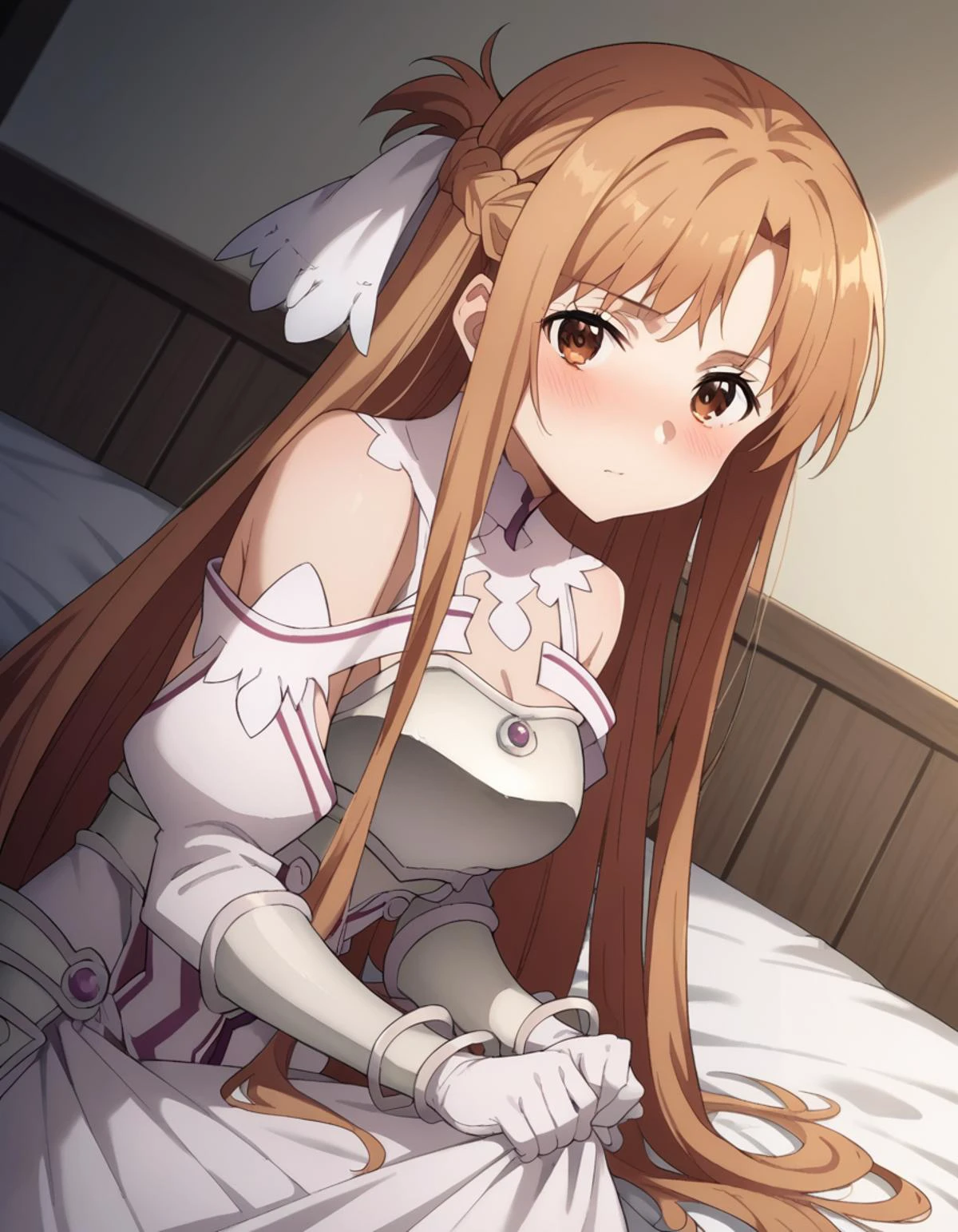 score_9, score_8_up, score_7_up, source_anime,
asunayuuki, <lora:asuna-yuuki-s3-ponyxl-lora-nochekaiser:1>,
asuna yuuki, long hair, bangs, brown hair, brown eyes, very long hair, braid,
dress, bare shoulders, detached sleeves, white dress, armor, breastplate, white armor,
indoors, bed, bed room, on side, blush, drunk,
solo, looking at viewer, cowboy shot, dutch angle,