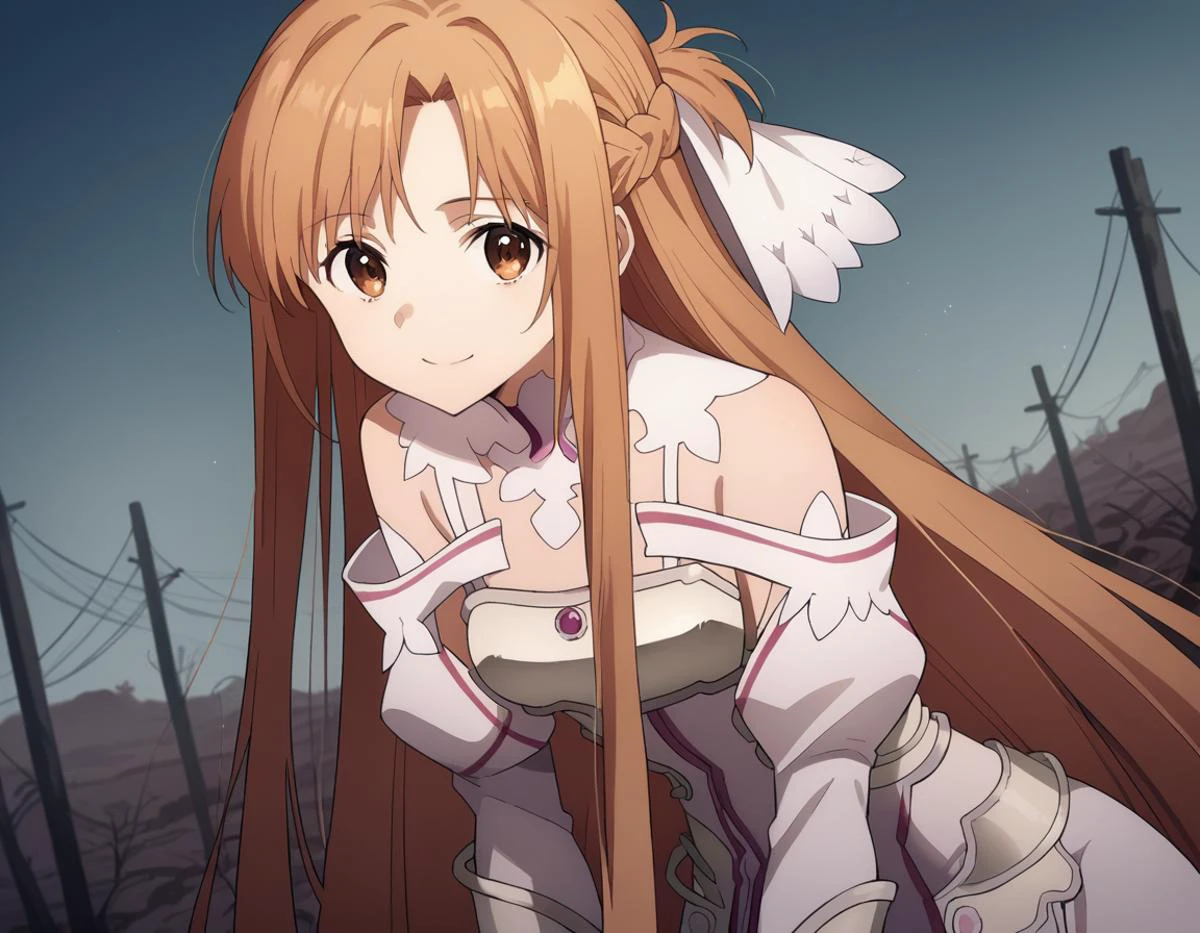 score_9, score_8_up, score_7_up, source_anime,
asunayuuki, <lora:asuna-yuuki-s3-ponyxl-lora-nochekaiser:1>,
asuna yuuki, long hair, bangs, brown hair, brown eyes, very long hair, braid,
dress, bare shoulders, detached sleeves, white dress, armor, breastplate, white armor,
outdoors, wasteland, bent over, smile,
solo, looking at viewer, cowboy shot, dutch angle,