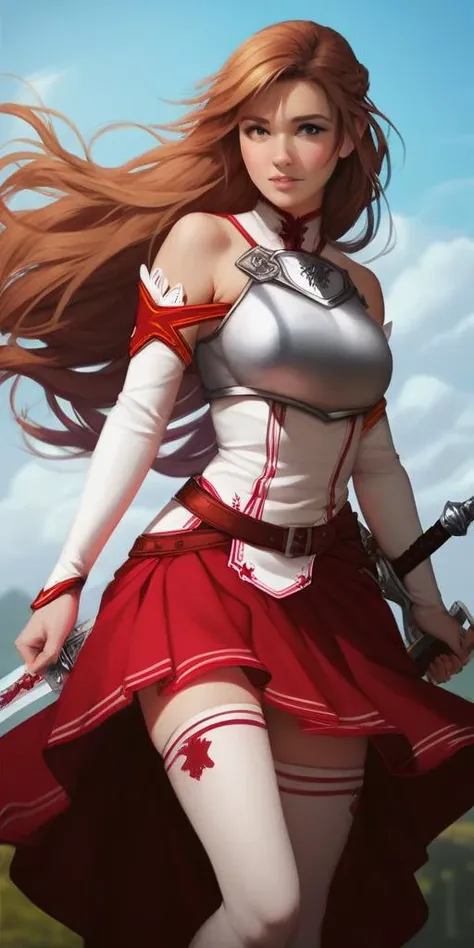 score_9, score_8_up, score_7_up, photorealistic, fantasy,
<lora:add-detail-xl:3>
<lora:asuna-yuuki-s1-ponyxl-lora-nochekaiser:1> asuna yuuki, long hair, brown hair, brown eyes, skirt, thighhighs, bare shoulders, detached sleeves, armor, white thighhighs, breastplate, red skirt, sword