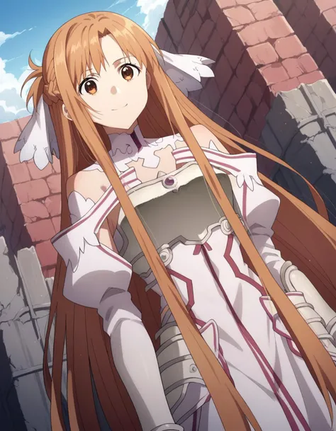 score_9, score_8_up, score_7_up, source_anime,
asunayuuki, <lora:asuna-yuuki-s3-ponyxl-lora-nochekaiser:1>,
asuna yuuki, long hair, bangs, brown hair, brown eyes, very long hair, braid, 
dress, bare shoulders, detached sleeves, white dress, armor, breastplate, white armor,
outdoors, wasteland, smile,
solo, looking at viewer, cowboy shot, dutch angle,