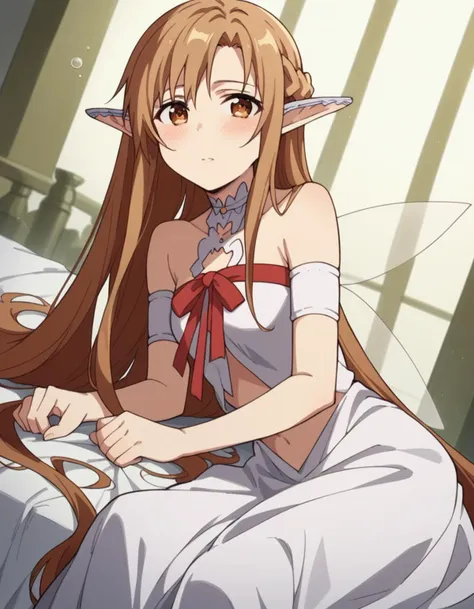 score_9, score_8_up, score_7_up, source_anime,
asunayuuki, <lora:asuna-yuuki-alo-s1-ponyxl-lora-nochekaiser:1>,
asuna yuuki, long hair, brown hair, brown eyes, very long hair, braid, pointy ears, elf, ear covers,
navel, bare shoulders, midriff, dress, white dress, ribbon, red ribbon, fairy, fairy wings,
indoors, bed, bed room, on side, blush, drunk,
cowboy shot, looking at viewer, solo, dutch angle,