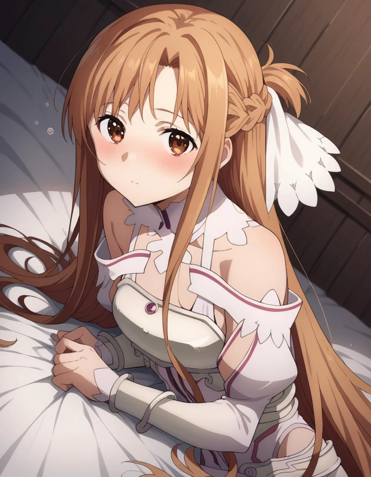 score_9, score_8_up, score_7_up, source_anime,
asunayuuki, <lora:asuna-yuuki-s3-ponyxl-lora-nochekaiser:1>,
asuna yuuki, long hair, bangs, brown hair, brown eyes, very long hair, braid,
dress, bare shoulders, detached sleeves, white dress, armor, breastplate, white armor,
indoors, bed, bed room, on side, blush, drunk,
solo, looking at viewer, cowboy shot, dutch angle,