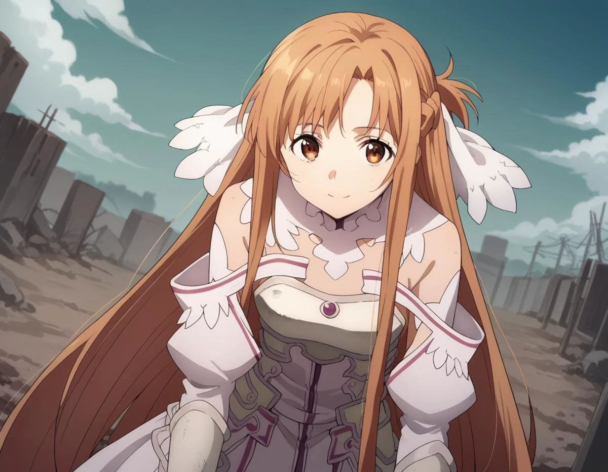 score_9, score_8_up, score_7_up, source_anime,
asunayuuki, <lora:asuna-yuuki-s3-ponyxl-lora-nochekaiser:1>,
asuna yuuki, long hair, bangs, brown hair, brown eyes, very long hair, braid,
dress, bare shoulders, detached sleeves, white dress, armor, breastplate, white armor,
outdoors, wasteland, bent over, smile,
solo, looking at viewer, cowboy shot, dutch angle,