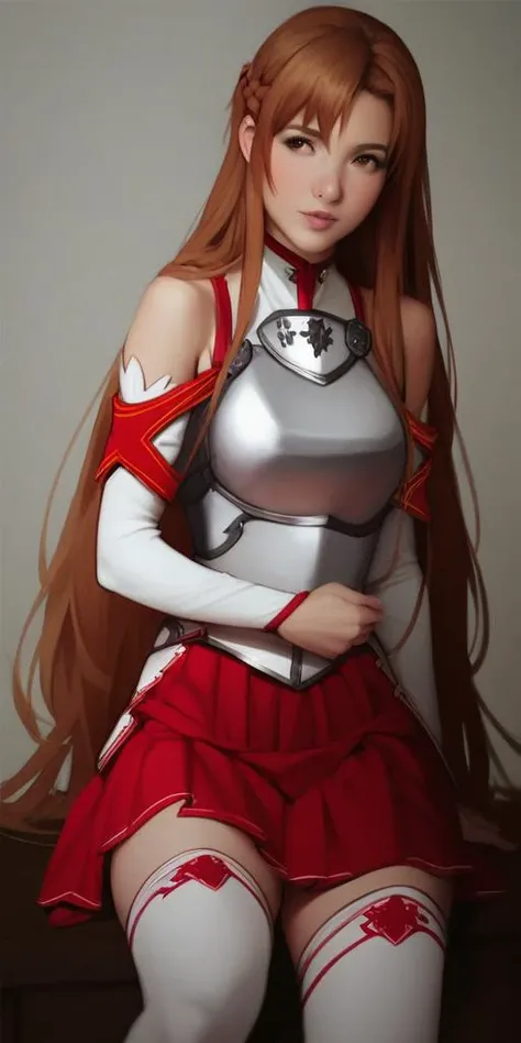 score_9, score_8_up, score_7_up, photorealistic,
<lora:add-detail-xl:3>
<lora:asuna-yuuki-s1-ponyxl-lora-nochekaiser:1> asuna yuuki, long hair, brown hair, brown eyes, skirt, thighhighs, bare shoulders, detached sleeves, armor, white thighhighs, breastplate, red skirt,