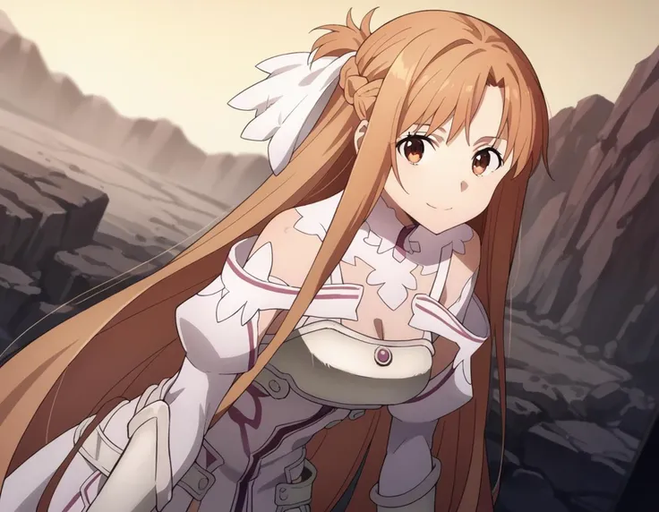 score_9, score_8_up, score_7_up, source_anime,
asunayuuki, <lora:asuna-yuuki-s3-ponyxl-lora-nochekaiser:1>,
asuna yuuki, long hair, bangs, brown hair, brown eyes, very long hair, braid, 
dress, bare shoulders, detached sleeves, white dress, armor, breastplate, white armor,
outdoors, wasteland, bent over, smile,
solo, looking at viewer, cowboy shot, dutch angle,