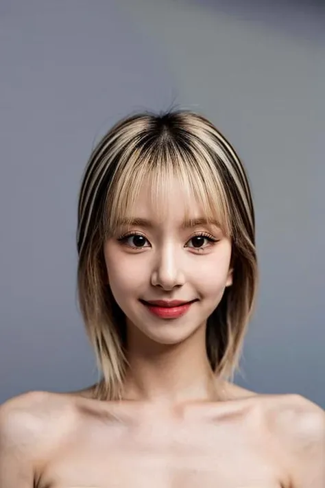 (masterpiece, top quality, best quality, (close-up photograph: 2), ((1girl)), korean, fair skin, (extremely detailed face), ((looking at viewer)), ((((ultra-detailed eyes and pupils)))),((((ultra-detailed lips)))) cheekbone, plump cheeks, ((bare pectorals)), ((bare chest)), ((tube dress)), bare head, ((bare shoulders)), symmetrical frame, (((strapless))), ((closed lips)), (((smile))), ((symmetrical pose)), (symmetrical face: 1.6), 35mm, ((((minimal plain white background)))), ((dim lighting)), (((blonde hair))), no watermark, ((short hair)), <lora:choalorashy:1>