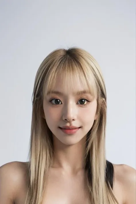 (masterpiece, top quality, best quality, (close-up photograph: 2), ((1girl)), korean, fair skin, slim face, (extremely detailed face), ((looking at viewer)), ((((ultra-detailed eyes and pupils)))),((((ultra-detailed lips)))) cheekbone, plump cheeks, ((bare pectorals)), ((bare chest)), bare head, ((bare shoulders)), symmetrical frame, ((((completely nude)))), ((closed lips)), (smile), ((symmetrical pose)), (symmetrical face: 1.6), 35mm, (((minimal plain white background))), ((no lighting)), long hair, dirty blonde hair, bangs, no watermark, <lora:chaeyounglorashy:1>