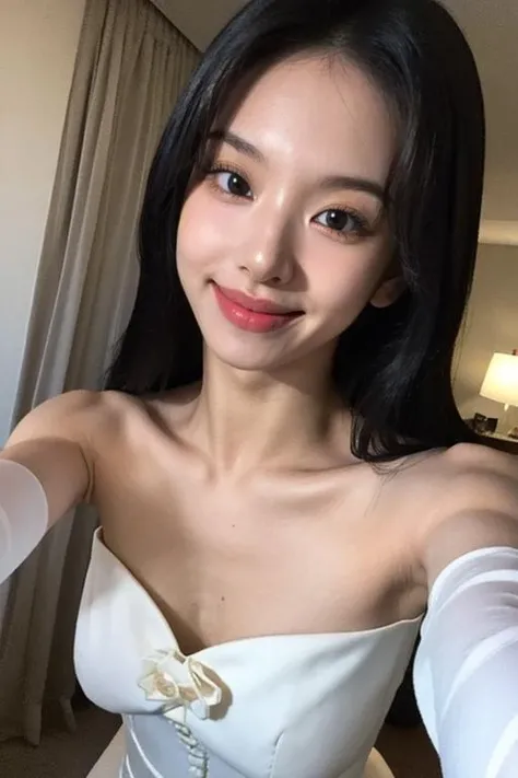 8K, best quality, masterpiece, super high resolution, (realistic: 1.4), original photo, (real skin texture: 1.3), (film grain: 1.3), (selfie angle), 1 girl, cute, smiling, ( (black dress)), lace material, beautiful detail eyes and face, masterpiece, best quality, close-up, upper body,
