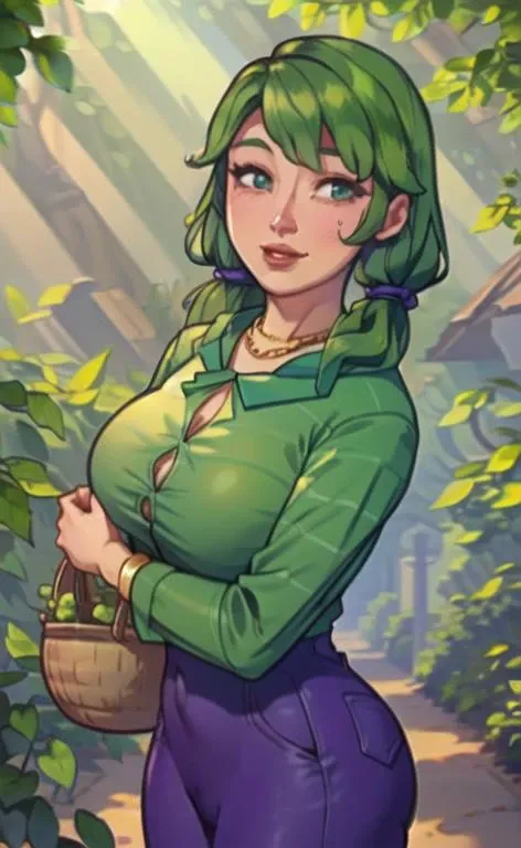 (masterpiece, best quality:1.3),  perfect anatomy, perfect hands, caroline walking up beautiful detailed forest path holding gardening sears and basket full of Camellia leaves, (side veiw:1.5), (full body women with big booty), head turn towards viewer, blush blushing, detailed beautiful face, (gentle happy smile lush lips Blossom lipstick), (long  green hair twintails long bangs), (beautiful radiant green eyes), huge breasts, (teal button dress shirt tucked in), (vary tight dark purple High-rise bell bottoms), scenery, outdoors, sunlight, 1girl, solo focus, bursting breasts, mole on breast, gold necklace with peridot gemstone, gold bracelet, volumetric lighting  <lora:caroline:1>  <lora:Forest-Path_LoRA:1> <lora:buttongap-lr8e-5-[button gap]-LoRA_epoc-90-540:0.6> <lora:hamichichiB:0.8>