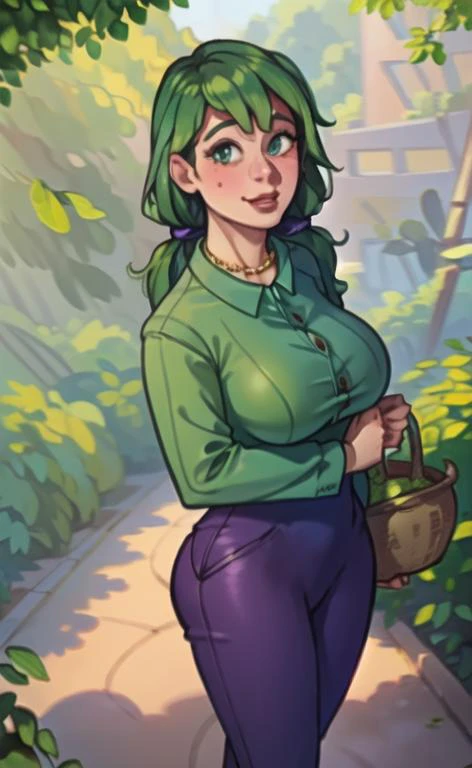 (masterpiece, best quality:1.3),  perfect anatomy, perfect hands, caroline walking up beautiful detailed forest path holding gardening sears and basket full of Camellia leaves, (side veiw:1.5), (full body women with big booty), head turn towards viewer, blush blushing, detailed beautiful face, (gentle happy smile lush lips Blossom lipstick), (long  green hair twintails long bangs), (beautiful radiant green eyes), huge breasts, (teal button dress shirt tucked in), (vary tight dark purple High-rise bell bottoms), scenery, outdoors, sunlight, 1girl, solo focus, bursting breasts, mole on breast, gold necklace with peridot gemstone, gold bracelet, volumetric lighting  <lora:caroline:1>  <lora:Forest-Path_LoRA:1> <lora:buttongap-lr8e-5-[button gap]-LoRA_epoc-90-540:0.6> <lora:hamichichiB:0.8>