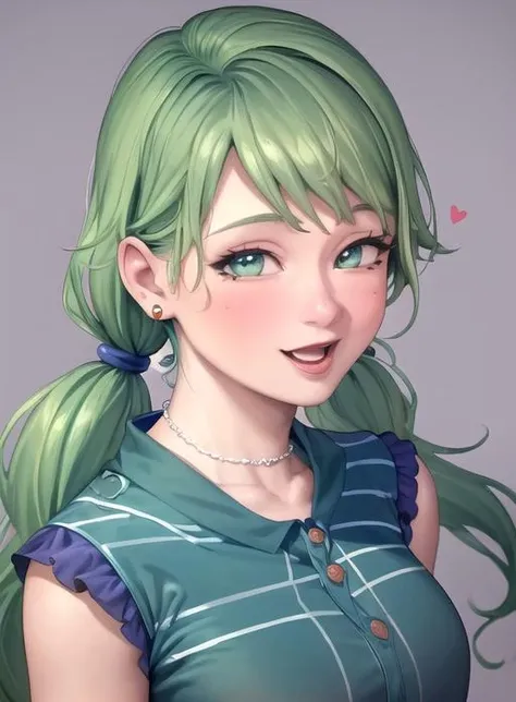 best quality, (masterpiece),(ultra-detailed), (high quality), (high resolution), <lora:caroline:0.7>,1girl, aqua eyes, caroline, earrings, green hair, heart, hetero, jewelry, long hair, looking at viewer, mole, open mouth, paizuri, simple background, smile, striped shirt, twintails, upper body, white background