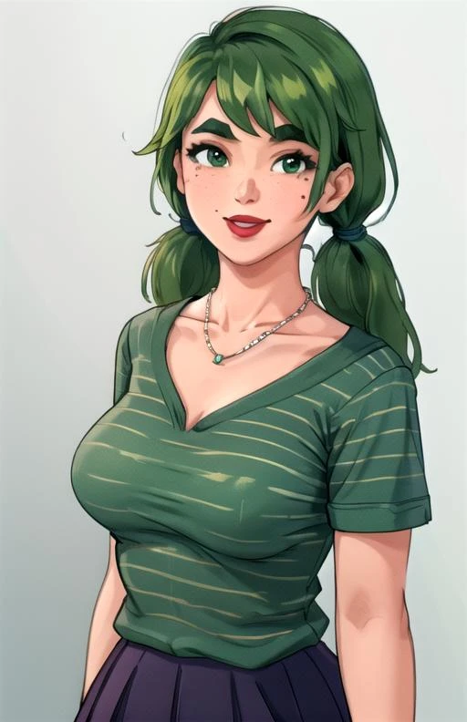 best quality, (masterpiece),(ultra-detailed), (high quality), (high resolution), <lora:caroline-10:0.7>,1girl, blue shirt, breasts, caroline, collarbone, curvy, gradient background, green background, green hair, lipstick, long hair, looking at viewer, mole on breast, necklace, pants, reference inset, shirt, short sleeves, skirt, sky, smile, solo, striped shirt, thick eyebrows, twintails, upper body,striped shirt