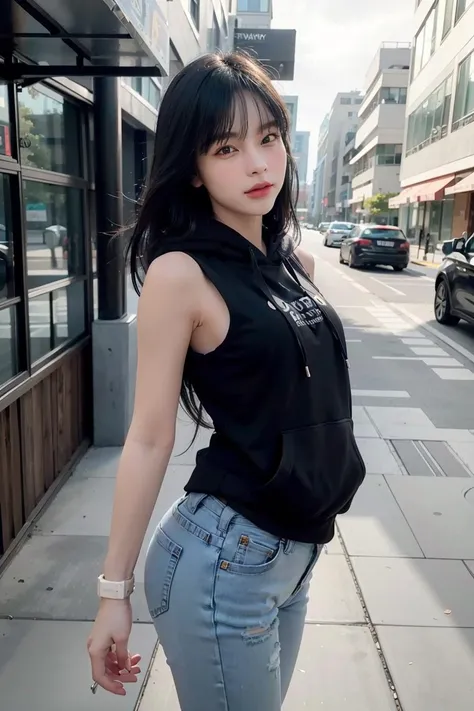 woman, urban, streets, (day:1.1), RAW,(8k, best quality, masterpiece:1.2),(intricate details:1.4),(photorealistic:1.4),octane render, complex 3d render ultra detailed, studio soft light, rim light, vibrant details, ultra detailed, realistic skin texture, detailed face, beautiful detailed eyes, extremely detailed CG unity 8k wallpaper, makeup, (detailed background:1.2), (cowboy shot:1.2),(hip),(perfect anatomy:1.2),(black hoodie, long jeans:1.2),
 <lora:WhanraweewanV1_1-04:1>