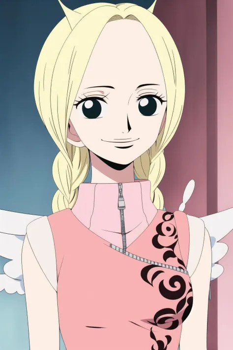 (masterpiece), best quality, conis_onepiece, 1girl, solo, antenna, twin braids, wings, floral print, dress, sleeveless turtleneck, upper body, smile