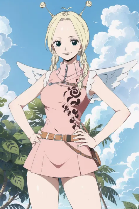 (masterpiece), best quality, conis_onepiece, 1girl, solo, antenna hair, smile portrait, twin braids, breasts, wings, sleeveless turtleneck, pink dress, thighs standing, cowboy shot, hands on hips, outdoors, nature, on cloud, blue sky