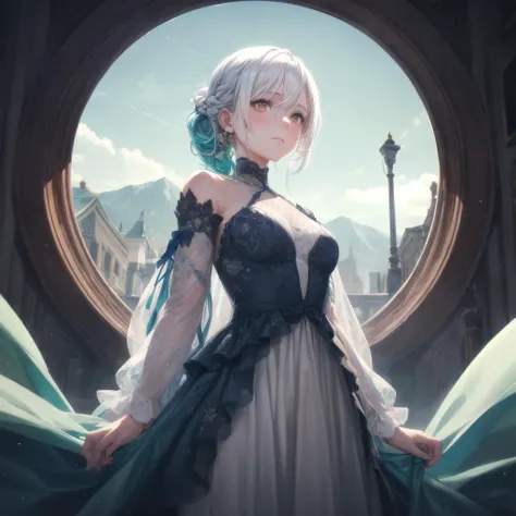 (masterpiece, best quality, detailed), movie poster, 1girl, white hair, brown eyes, detailed eyes, braided hair, pastel, <lora:add_detail:0.8>, <lyco:GoodHands-beta2:1.5>, laced cyan gown, sunlight, emotionless, sadness, cold color, looking to the left