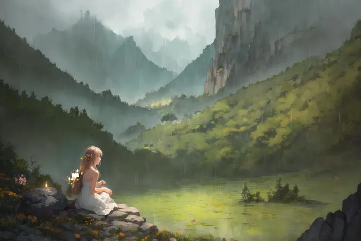 (masterpiece, best quality:1.4), 1girl, solo, ambiance, contemplation, sitting, flower field, looking above, hill, cloud, cloudy sky, white dress, sleeveless dress, thin straps, small breasts, wind:1.2, falling petals, (panorama:1.2), illustration, picture book illustration, atmospheric perspective, warm light, fireflies, (glow:0.5), dreamlike, imagining, soft lighting, muted color, watercolor \(medium\), delicate, spiritual, calm, rock, (sepia:0.5), (rain:1.1), nature, (forest in background:0.1), serene, peaceful, <hypernet:myhands-22k:1>