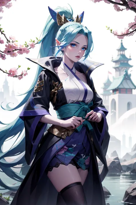 absurdres, best quality, 1girl, solo, looking at viewer, eye focus, <lyco:GoodHands-beta2:1.0>,   <lora:spirit_blossom_vayne:0.8>, spirit blossom vayne, kimono, hair ornament, blue hair