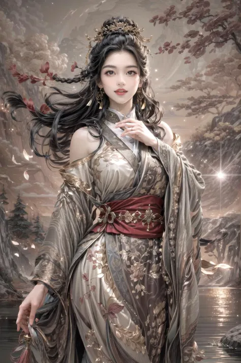 <(best quality, extremery best quality, masterpiece:1.4), (realistic, intricate details:1.4), (photorealistic:1.4), (extremely intricate:1.4), highres, ultra highres, ultra detailed, ultra-detailed, absurdres, incredibly absurdres, extremely detailed, high quality, high resolution, hyperrealistic, ultra-realistic, hyper-detailed, top quality, best, fine detail, massive detail, Highly detailed, extreme detailed, highest detailed, high-res, absolutely resolution, reflection, (refraction:1.4), (hyperrealism:1.4), ultra realistic details, highly intricate details>, BREAK, (1girl:1.3), solo, looking at viewer, (young cute beautiful 18-year-old girl:1.4), 3d face, (hand of Guido Daniele:1.4), beautiful girl, Beautiful face, pretty, girlface, kpop idol, supermodel, stunning innocent symmetry face, perfect body, medium breast, slim waist, slim legs, (high detailed skin:1.5), glowing eyes, goddess, natural skin texture, shiny skin, White skin, Beautiful detailed face, detailed face, real skin texture, cute delicate face, finely detailed face, golden ratio, golden ratio face, expressive eyes, perfect face, perfect skin, flawless face, clear face, shiny hair, pale skin, Proper body proportion, perfect anatomy, realistic skin texture, luscious lips, glossy lips, natural makeup, beautiful bright pupils, slender figure, intricate eyes, detailed pupils, detailed face and eyes, longeyelashes, blush, good hand, perfect hands, pretty face, beautiful female bodies, finely detailed skin, oily shiny skin, clean facial features, an extremely delicate and beautiful, cute & girly, beautiful detailed eyes, stars in the eyes, detailed simmetric eyes, perfect smooth skin texture, BREAK, (((((brilliant colors, (joshua middleton comic cover art, theater dance scene, hypermaximalist, ink painting, instagram contest winner, model pose, fashion color scheme, trending on cgsociety, playful illustrations, imaginative overlays, artistic fusion, fantastical scenes, evocative narratives, striking visuals:1.3), (Glowing ambiance, enchanting radiance, luminous lighting, ethereal atmosphere, mesmerizing glow, evocative hues, captivating coloration, dramatic lighting, enchanting aura:1.2), (moon, palace, Hibiscus, nymphaea, plum blossoms, a girl in hanfu, melanchonic soft light, photorealistic faces, moody lighting:1.4), (night, Night time, moon light, Golden Hour, sky, landscape, stars, starry, galaxy sky, milky way, night sky full of stars:1.2), (dancing, mountain, river, old tree, Ribbon, Elegant, She soared through the air in her flowing dress and fluttering ribbons, Graceful and graceful, pine trees, birds, moss, there is orange cat sitting near girl:1.2), (hanfu, ornaments detailed, traditional clothes, braids, water, jewelry, chinese clothes, earrings, sash, long sleeves, tree, petals, hair ornament, floating hair, dress, rock, falling petals, flower, chinese traditional architecture, ancient art, chinese style, Chinese, lake background, chinese buildings, misty lake, ancient chinese background, after the rain, wet grass and trees, waterfall, flying splashes, flying petals, leaves, bloom, bloom effect, surrounded by heavy floating petal flow, petal, leaves falling from the tree, peaceful atmosphere, mountainous backdrop, authentic cultural experience, quiet whispers, hushed conversations, tranquil silence, crisp air, soulful melodies, a sense of belonging, bonding with nature, quiet reflection, random patterns, energetic movement, bold colors, dynamic texture, spontaneous creativity:1.2), (smile, blush, Pink hair, Pink eye, long hair, Pink eyelashes, Pink lips, Pink lip colour, Eyes glowing Pink, flat bangs, happy expression, warm smile, cute smile, smiling:1.4), (long_hair, mountain background, forest, river in background, landscape, water reflection, outdoors:1.3), (mountains, breeze, dust is drifting, ethereal, scenery, nature, mysterious background, fog, wind:1.2), (iridescent colors, Iridescence, mysterious, fantasy background, fantasy, open mouth:1.2), (Luminescent Particles:1.3), (fullbody:1.2), (eye focus, face focus, character focus, close-up face:1.2), (dutch angle, cowboy shot:1.3), colorful refraction)))), BREAK, <hyper realistic DSLR photo, Nikon D5, cinematic portrait, portrait, ultra sharp, analog film photography, film emulation, bokeh, blurry noise background, watercolor, available light, detailed light, volumetric fog, beautiful lighting, Rembrandt lighting, Cinematic, pixel art, game art, key visual, surreal, PBR Texturing, Anisotropic Filtering, Maximum Clarity And Sharpness, Albedo And Specular Maps, Multi-Layered Textures, Surface Shading, Sub-Pixel Convolution, Sub-Pixel Convolution, Accurate Simulation Of Light-Material Interaction, blurry foreground, broad light, volumetric light effect, matte painting, perfectly defined features, volumetric lighting, Tone Mapping, Lumen Reflections, Global illumination, Ray Tracing, Screen Space Global Illumination, Accent Lighting, 32k, Natural Lighting, volumetric, cinematic masterpiece, Rule of thirds, high dynamic range, Multi-exposure HDR capture, cinematic render, game cg cinematic, atmospheric perspective, scene, epic dynamic frame, motion blur, ((cinematic look, Film look)), rim light, 4k textures, adobe lightroom, photolab, insane details, hyperdetailed, exposure blend, professional color grading, professional color correction, aerial perspective, particles and dust in beams of light, cinematic scene, dynamic lighting, sharp details, lomography, soft focus, light leaks, bold hues, atmospheric depth, (explosive light and shadow:1.2), aesthetics, intricate designs, ultra realistic digital art, (zentangle, mandala, tangle, entangle), (fractal art), elegant, vivid colours, floating particles, particles, dramatic, epic, (ink drawing, oil painting detailed), RAW, huge filesize, extremery detailed CG, Photo, 8k uhd, cinematic atmosphere, trending on artstation, award-winning glamour photograph, highly detailed photo, official art, beautiful and aesthetic, unity 8k wallpaper, beautiful, highly detailed CG illustration, best illustration, intricate, Amazing, emotional, analog, painting, digital painting, concept art, Oil Painting, illustration, Classical art, Renaissance, Romanticism, Neoclassicism, Color Palette, depth and contrast, Vibrant colors, saturated, rich saturation, color harmony, vivid palette, concept-art, design style, detail character, concept render, colorful, analog photography, dreamy atmosphere, specular highlights, atmospheric lighting, (dynamic angle, dynamic pose :1.3), (shiny, clothes reflecting light, lens flare, bloom effect, light particle, lens glare:1.3), realistic light, realistic lighting, cinematic light, (cinematic lighting), light in the face, soft lighting, saturated colors, detailed background, sharp focus, 8k high definition, perspective, Master Composition, roughness, post-processing, soft shadows, realistic shadows, ambient occlusion, ray-tracing, subsurface scattering, photon mapping, physically-based rendering, octane rendering, unreal engine 5, ue5 rendering, Adobe After FX, dslr, RTX, Best character details, radiosity, sharp, antialiased, RAW photo, HDR, 8k, 4k, (((Photographed by Roger Deakins, using a RED Monstro 8K VV camera and a series of high-end lenses))), ((Hasselblad photography)), (film grain:1.4), Kodak portra 400, ((Fujifilm X-T5)), professional photograph, depth of field, caustics, Broad lighting, diffuse lighting, rim lighting, two tone lighting, textile details, visible pores, high resolution scan, professionally color graded, photographic reality, automatic white balance, best lighting, detailed shadow, high contrast, strong light and shadow>, (PureErosFace_V1:0.3), (ulzzang-6500:0.7), <lora:epiNoiseoffset_v3:2>, <lora:add_detail:0.7>, <lora:hipoly_3dcg_v7-epoch-000012:0.7>, (kbxll:0.7), <lora:more_details:0.7>, <lora:anxiang:0.55>