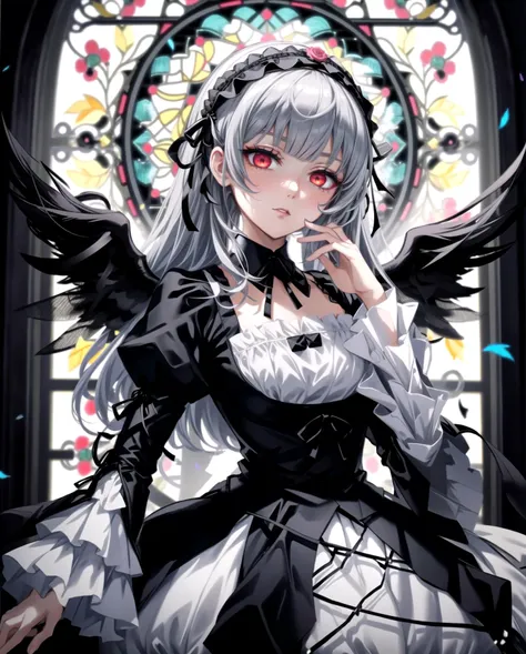 suigintou, sui1, black_collar, black_dress, black_flower, black_hairband, black_ribbon, black_rose, black_wings, blunt_bangs, detached_collar, dress, expressionless, feathered_wings, feathers, flower, frilled_hairband, frilled_sleeves, frills, gothic_ta, grey_hair, hair_ribbon, hairband, highres, juliet_sleeves, loliashion, lolita_hand, long_hair, long_sleeves,looking_at_viewer, neck_ribbon, puffy_sleeves, (red_eyes:1.2), ribbon, rose, rozen_maiden, wings, extremely detailed eyes and face, beautiful detailed eyes, (UHD, HDR, highres, ultra detailed, intricate details, absurdres, masterpiece, 8k:1.2), 1girl, (stained glass), sunlight through window, <lora:more_details:0.3> <lora:suigintou_v1:0.7>